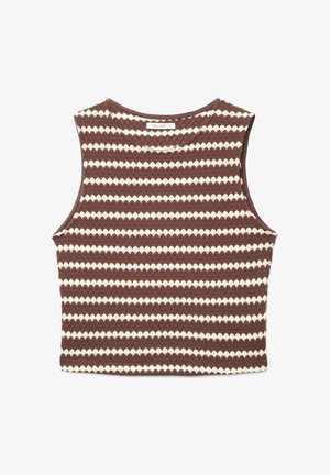 Top corto lavorato a maglia senza maniche a righe marroni e bianche, con scollo rotondo e motivo strutturato, taglia piccola.