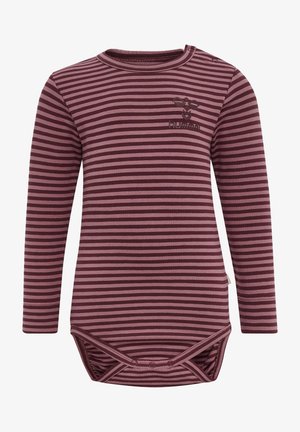 Lange ærmer lilla-stribet heldragt med rund hals, featuring et lille trykt design og trykknap lukning i bunden. Blødt bomuldsstof.