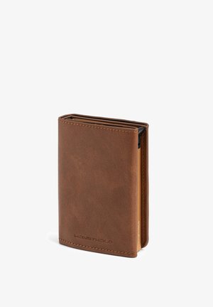 Portefeuille bi-pli en cuir marron avec coutures visibles, logo embossé "MONEYHOLD", debout sur fond blanc.