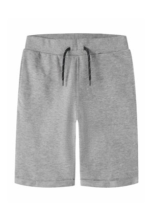 Lichtgrijze katoenen shorts met een geribde tailleband en zwart koord, knielang met omgeslagen zomen.