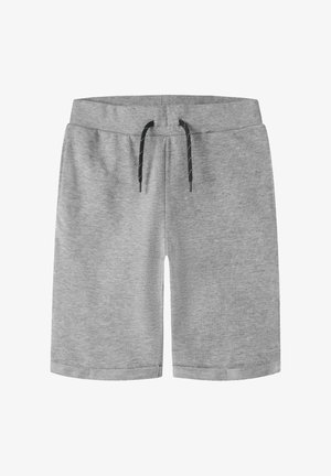 Svijetlosive pamučne kratke hlače s rebrastim pojasom i crnim vezicama, dužine do koljena, s presavijenim rubovima.