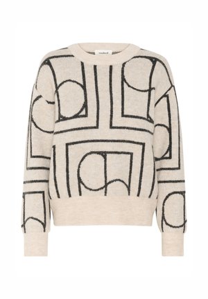 Pulover tricotat de culoare bej, cu un model geometric negru, având forme rotunde și pătrate. Textură moale, guler larg de tip crew și tiv cu model. 