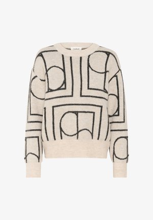 Knit sweater in beige with black geometric pattern, featuring round and square shapes. Soft texture, wide crew neckline, and ribbed hem.