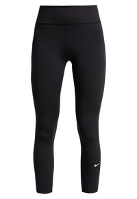 Czarne legginsy dresowe z wysokim stanem, gładką teksturą oraz małym białym logo Nike na dolnej lewej nodze.