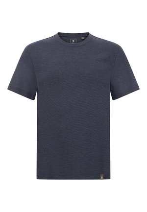 Marineblaues T-Shirt aus Baumwollmischung, kurze Ärmel, Rundhalsausschnitt, dezente Textur, mit einem Markenlabel am unteren Saum.
