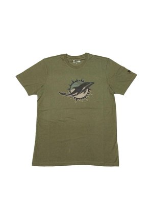Olive green t-shirt made of cotton, featuring a large dolphin logo in black and teal at the center, with short sleeves and a round neckline.