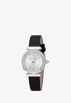 Sølvfarvet rund Just Cavalli-ur med krystalaccenter, struktureret ramme og sort læderrem med reptilmønster.