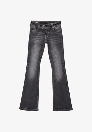 Črne razširjene kavbojke iz jeansa z izpranim izgledom, petimi žepi in kovinskimi gumbi na pasu.