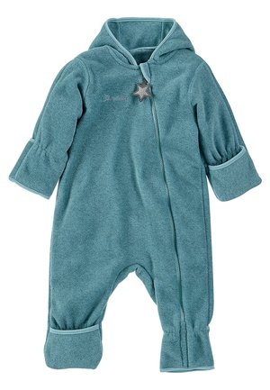 Combinaison bébé à capuche en polaire bleu sarcelle, manches longues, fermeture éclair avec un tire-zip en forme d'étoile, et poignets repliables aux mains et aux pieds.