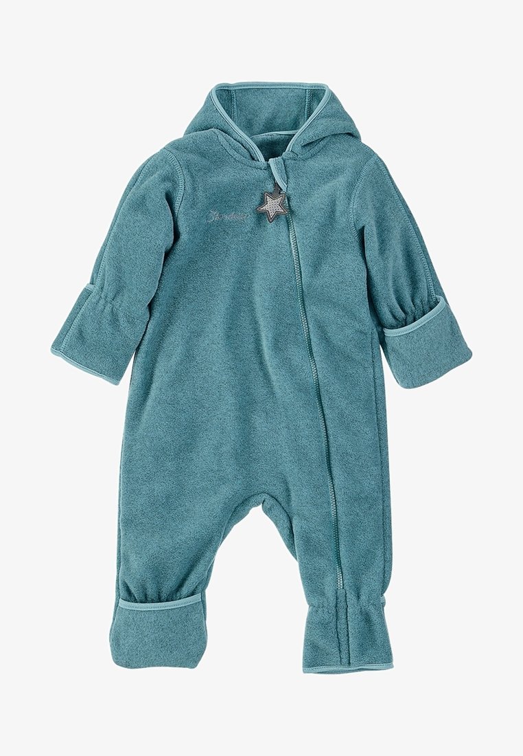 Combinaison bébé à capuche en polaire bleu sarcelle, manches longues, fermeture éclair avec un tire-zip en forme d'étoile, et poignets repliables aux mains et aux pieds.