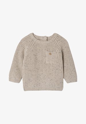 Beige gestrickter Pullover mit strukturiertem Muster, Rundhalsausschnitt, langen Raglanärmeln und einer kleinen Brusttasche mit einem Holzknopf.