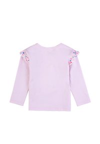 Camicia a maniche lunghe color lilla con volant stampati a fiori sulle spalle. Materiale in cotone morbido con scollo rotondo e vestibilità casual.