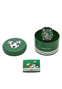 Green watch box featuring a soccer ball design on the lid, with a black watch inside, green dial, and cartoon accents. Includes a matching card.