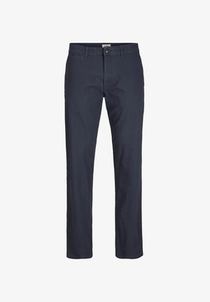 Miesten tummansiniset suorat housut, joissa on nappisuljenta, vyölenkit ja etutaskut, valkoista taustaa vasten.