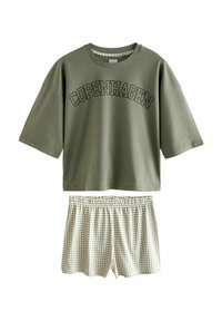Olive green short-sleeve t-shirt with "COPENHAGEN" text and light gray and white checkered shorts with an elastic waistband.