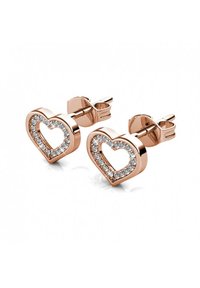 Ohrringe in Herzform aus Roségold mit einem transparenten Edelsteinrand und einem Steckerdesign. Schlankes Design mit polierter Oberfläche und offener Mitte.
