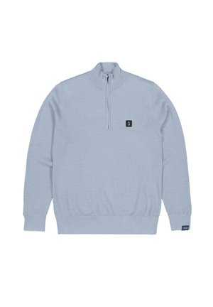 Lichtblauw, gestructureerd pullover sweater met een rits tot de helft van de hals, geribbelde mouwen en zoom, met een klein zwart logo op de borst.
