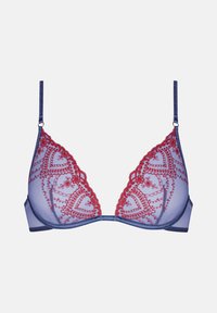 Blauer Netzdreiecks-BH mit roter floralem Stickerei entlang der Ränder, verstellbaren Trägern und einem glatten Unterband für Unterstützung.