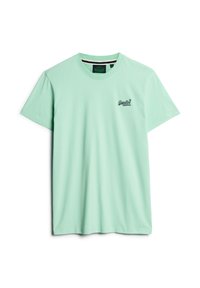 Mintgrøn bomulds t-shirt med korte ærmer, rund hals, og et lille sort broderet logo på venstre bryst. Glat tekstur.