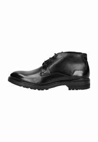Botas de tobillo de cuero negro con un acabado suave, punta redonda, diseño de cordones y suela de goma duradera con patrón de tracción.