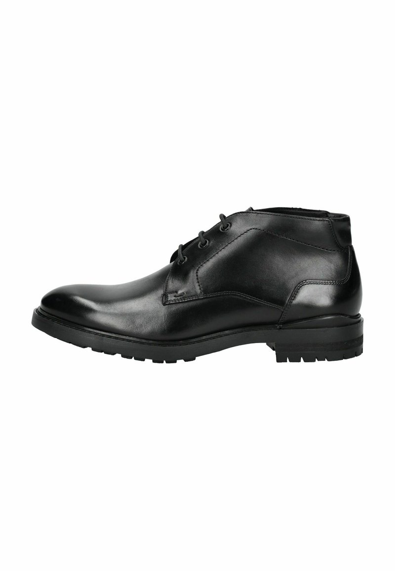 Botas de tobillo de cuero negro con un acabado suave, punta redonda, diseño de cordones y suela de goma duradera con patrón de tracción.