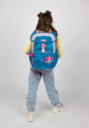 Blue backpack with pink accents and a character patch, featuring a large compartment, smaller front pocket, and star-shaped keychain.