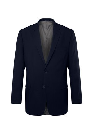 Blazer azul marino hecho de una tela suave, con cierre de dos botones, solapas con muesca y un bolsillo en el pecho; interior completamente forrado.