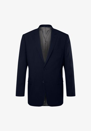 Marineblå blazer lavet af glat stof, med to-knaps lukning, slagkraver og en enkelt brystlomme; fuldt foret indvendigt.