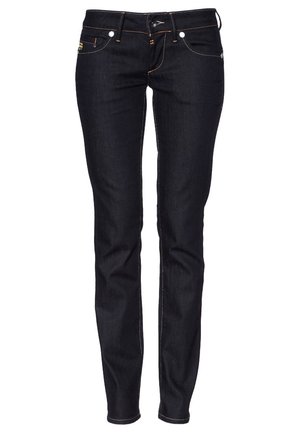 Slim-fit zwarte denim jeans met vijf zakken, knoop- en ritssluiting, en oranje stikseldetails.