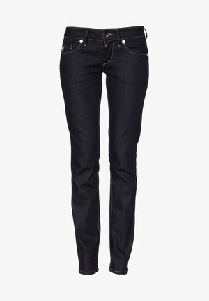 Vaqueros negros entallados de denim con cinco bolsillos, cierre de botón y cremallera, y detalles de costura naranja.