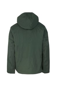 Jachetă cu glugă de culoare verde închis, cu o textură netedă și un design simplu, având mâneci lungi și spate drept.