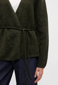 Zelený svetr z vlněné směsi s páskem na zavazování, V-výstřihem a dlouhými rukávy, zkombinovaný s tmavými džíny. Měkčí textura.