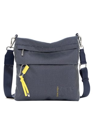 Navy blue textured crossbody bag with adjustable strap, front zip pocket, and yellow zipper pull accents.