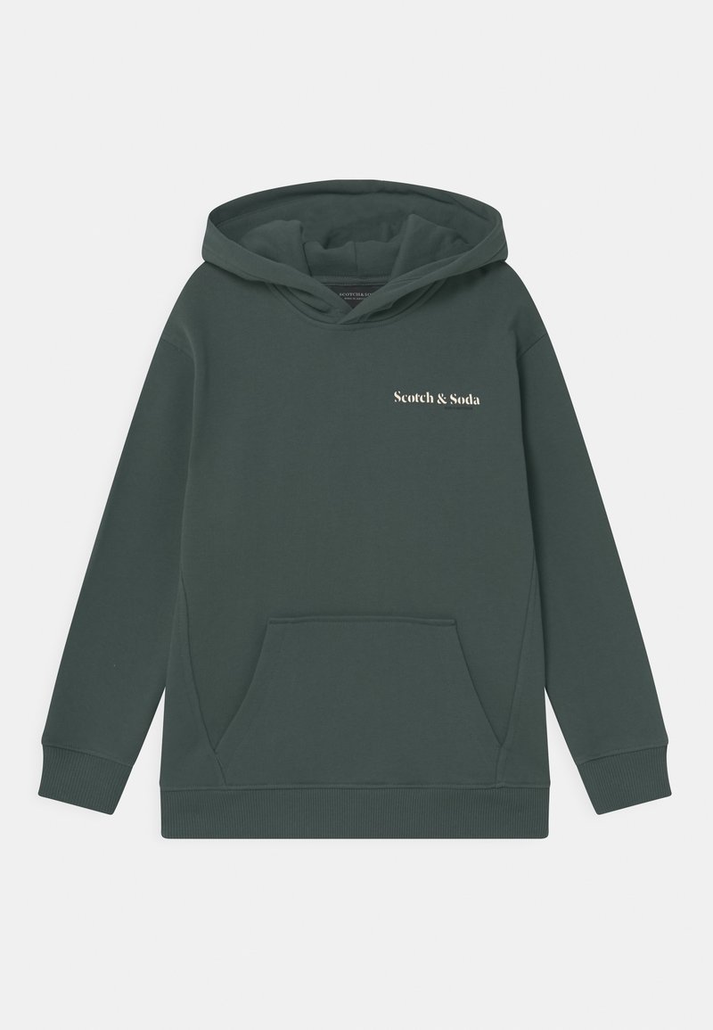 Sweat à capuche vert foncé avec poche kangourou à l’avant et logo blanc "Scotch & Soda" sur la poitrine gauche, équipé de poignets et d’un ourlet côtelés.