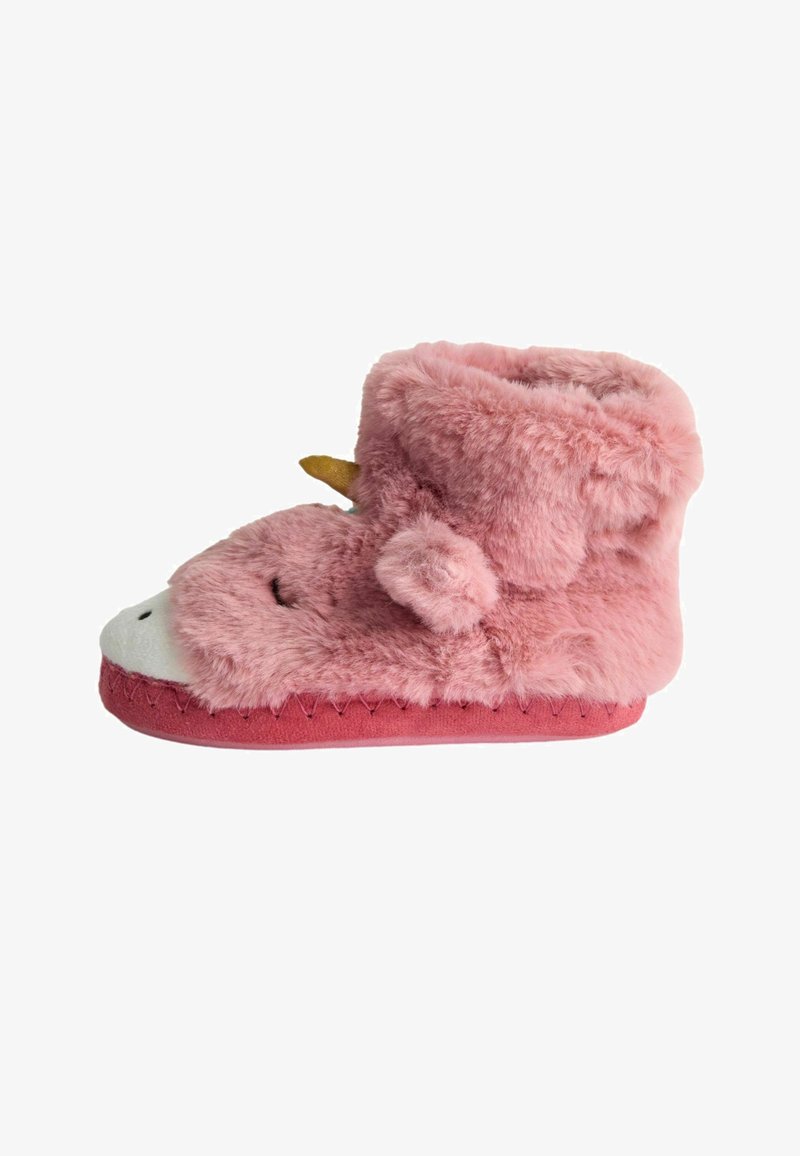 Pink plush slipper with a rounded toe, white fabric muzzle, tiny ears, and a gold horn. Features a soft, textured exterior and stitched sole.