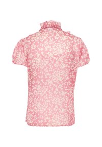 Pink, short-sleeve blouse with a ruffled collar, featuring a white leaf pattern and lightweight, sheer fabric. Back view shown.