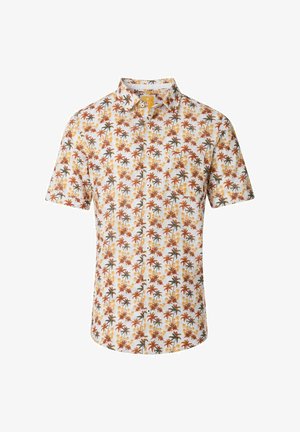 Kortærmet skjorte med knapper i hvid med et levende palme-træ mønster i nuancer af orange, grøn og gul. Har en klassisk krave og brystlomme.