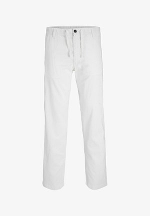 Weiße Baumwollhose mit geradem Schnitt, ausgestattet mit einem Knopfverschluss vorne und einem verstellbaren Kordelzugbund.