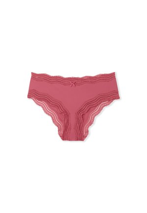 Roze kanten hipsterbroekje met geschulpte randjes, een klein strikje in het midden en een zachte stofsamenstelling voor extra comfort.