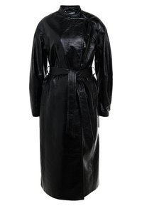Black leather trench coat with a high collar, long sleeves, and a matching belt. Features a glossy texture and a sleek, straight silhouette.