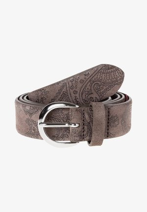 Ceinture roulée en daim gris avec des motifs cachemire foncés et une boucle arrondie argentée brillante.