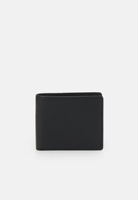 Portofel din piele neagră cu un design elegant, dreptunghiular, având cusături subtile și un logo embosat pe partea din față. Textură netedă, stil minimalist.