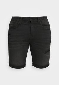 Pantalones cortos de mezclilla negra con un detalle desgastado en el muslo izquierdo, puños enrollados, cinco bolsillos y un diseño ajustado.