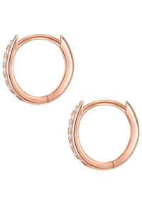 Rožu zelta auskari ar gredzena formu, kuriem ir gluda izliekta forma un rinda mazu caurspīdīgu akmeņu gar vienu malu.