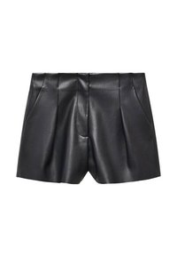 Shorts en cuir noir avec un design plissé, dotés de deux poches latérales et d'une texture lisse et brillante. Aucun matériel ou accent visible.
