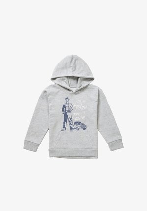 Hellgrauer Hoodie mit einem Frontdruck eines Mannes in Latzhose, der einen Schraubenschlüssel neben einem Lastwagen hält, und dem Text "Ich bin ein Ford Truck Mann."