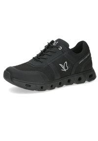 Black athletic shoe with mesh and synthetic upper. Hexagonal outsole and lace-up design. Features logo accent and padded collar for comfort.