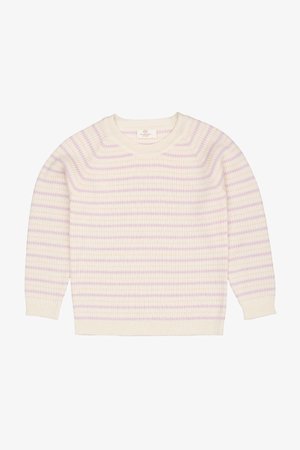 Cream sweater with purple stripes, featuring a ribbed texture, crew neckline, and long sleeves. Soft material and relaxed fit.