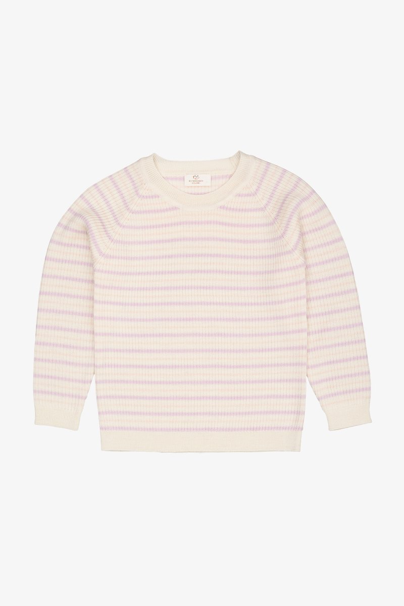 Maglione crema con strisce viola, caratterizzato da una texture a coste, scollatura rotonda e maniche lunghe. Materiale morbido e vestibilità rilassata.