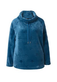 Blauer, plüschiger Pullover mit einem Kragen, Sternmuster und Kordelzug-Akzenten. Lange Ärmel und eine lockere Passform mit einer glatten Textur.